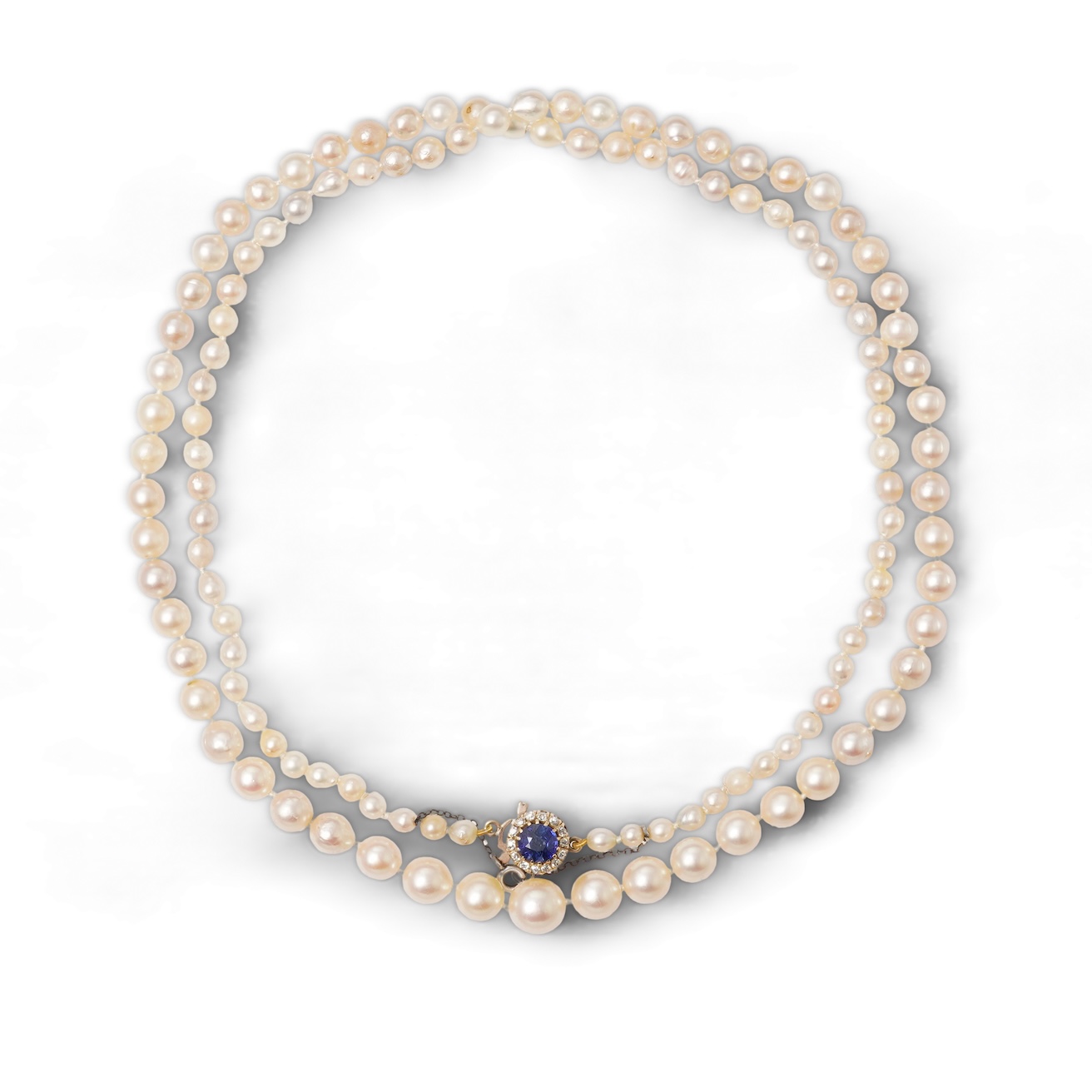 A cultured pearl, sapphire and diamond necklace, 19th century and later